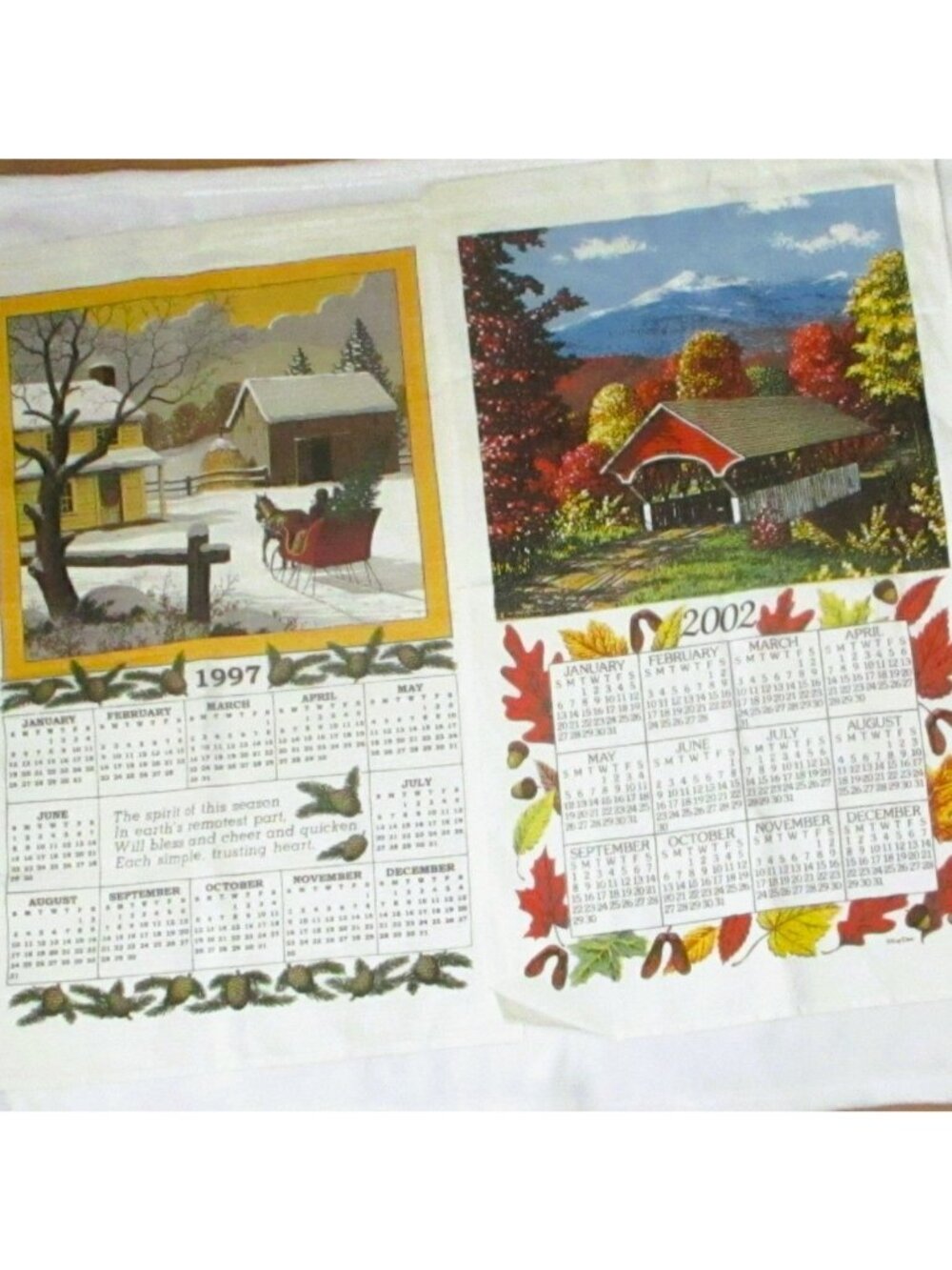 Vintage Kay Dee 1997,2002 Calendar Tea Towels Set Fall Winter Cotton Fabric Unus